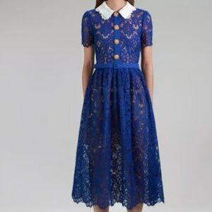 Self-Portrait Blue Lace Midi Dress Collared Short Sleeve A-line Dress for Women